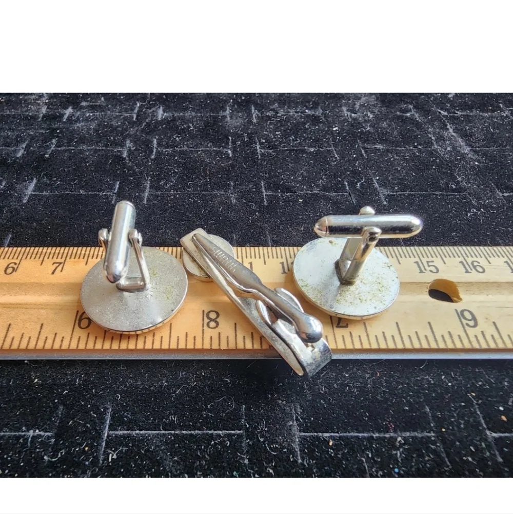 Vintage Cufflink Set Silver Tone Natural Stone Used